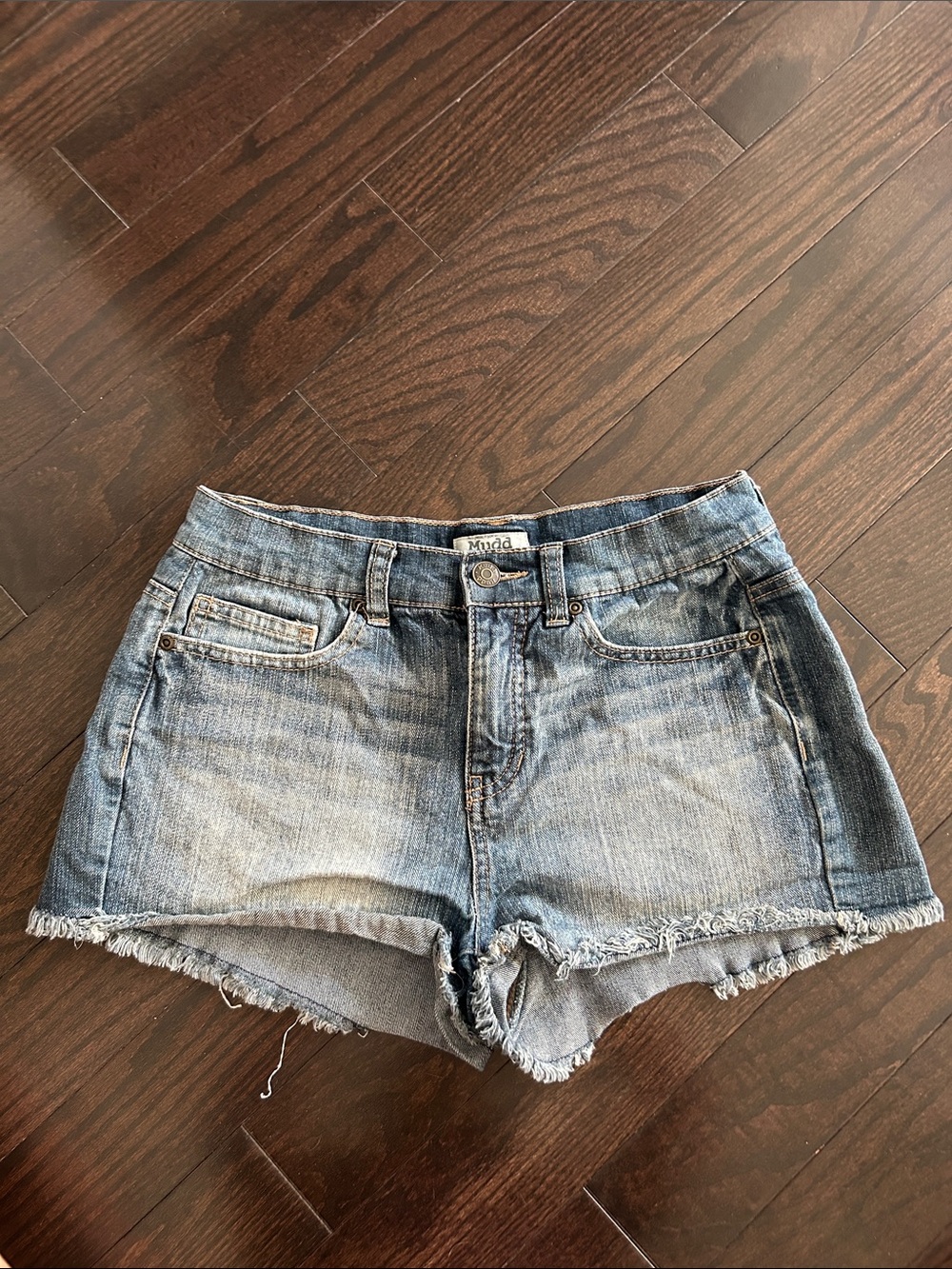 Mudd Women's Faded Blue Denim Cutoff Shorts with Frayed Hem